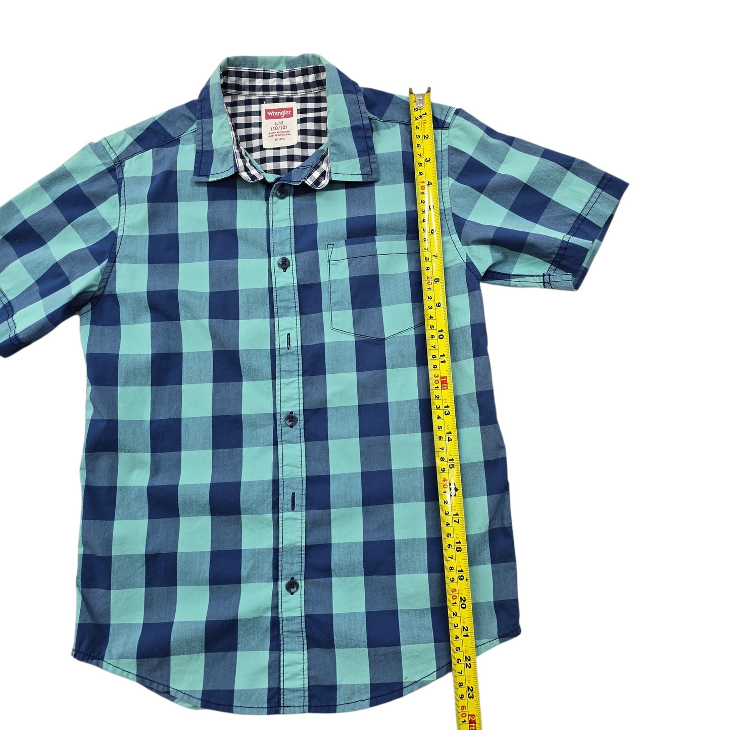 Wrangler Boys Gingham Check Short Sleeve Button-Up Shirt L Turquoise
