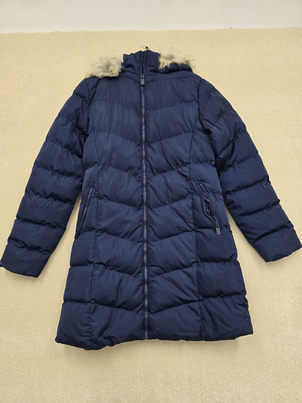 French Connection Women's Navy Puffer Jacket XS Fur Hood Long