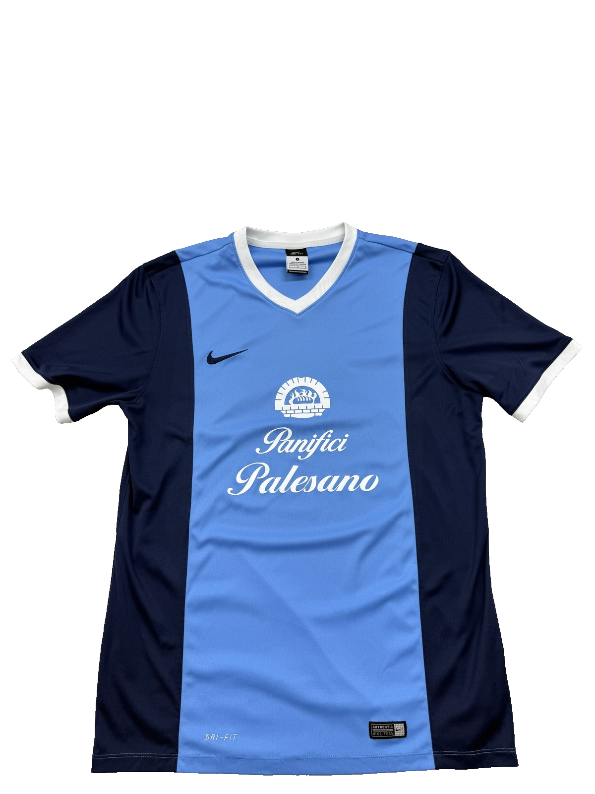 Nike Men's L Navy/Light Blue Striped Dri-FIT Soccer Jersey V-Neck