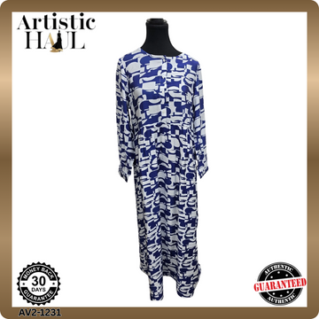 Bebe Women's L Blue White Geometric Pleated Long Maxi Dress