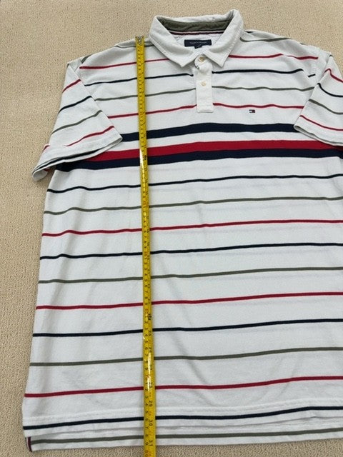 Tommy Hilfiger Men's Striped Polo Shirt Size M Flag Embroidery White/Navy