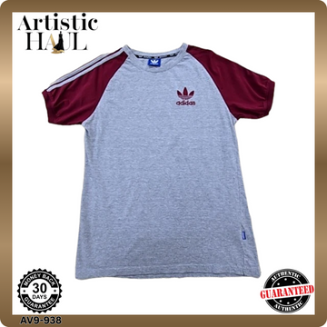 Adidas Grey Raglan Cotton T-Shirt L Short Sleeve Stripes