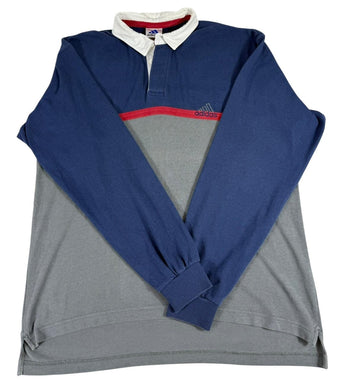 Vintage Style Adidas Men's Long Sleeve Polo Rugby Shirt Blue Gray Large