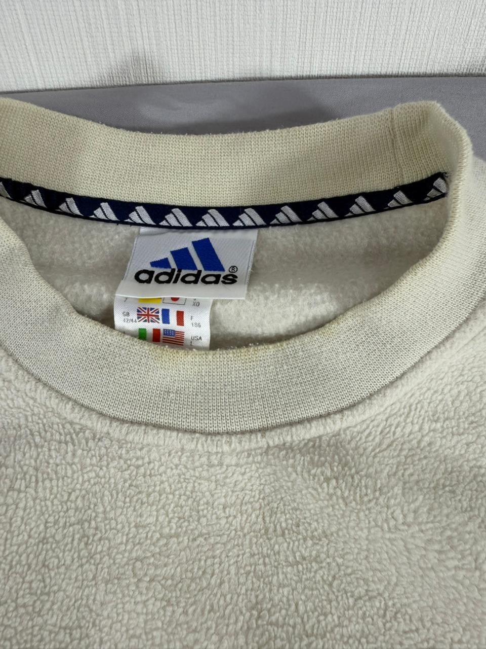 Adidas Men's Large L Fleece Sweatshirt Cream Off White Crewneck Logo