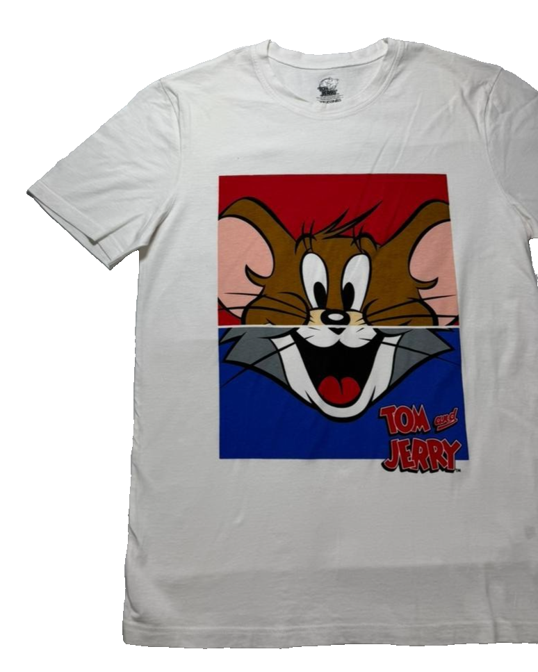 Tezenis White Tom & Jerry Graphic Tee, Crew Neck Short Sleeve - Size M