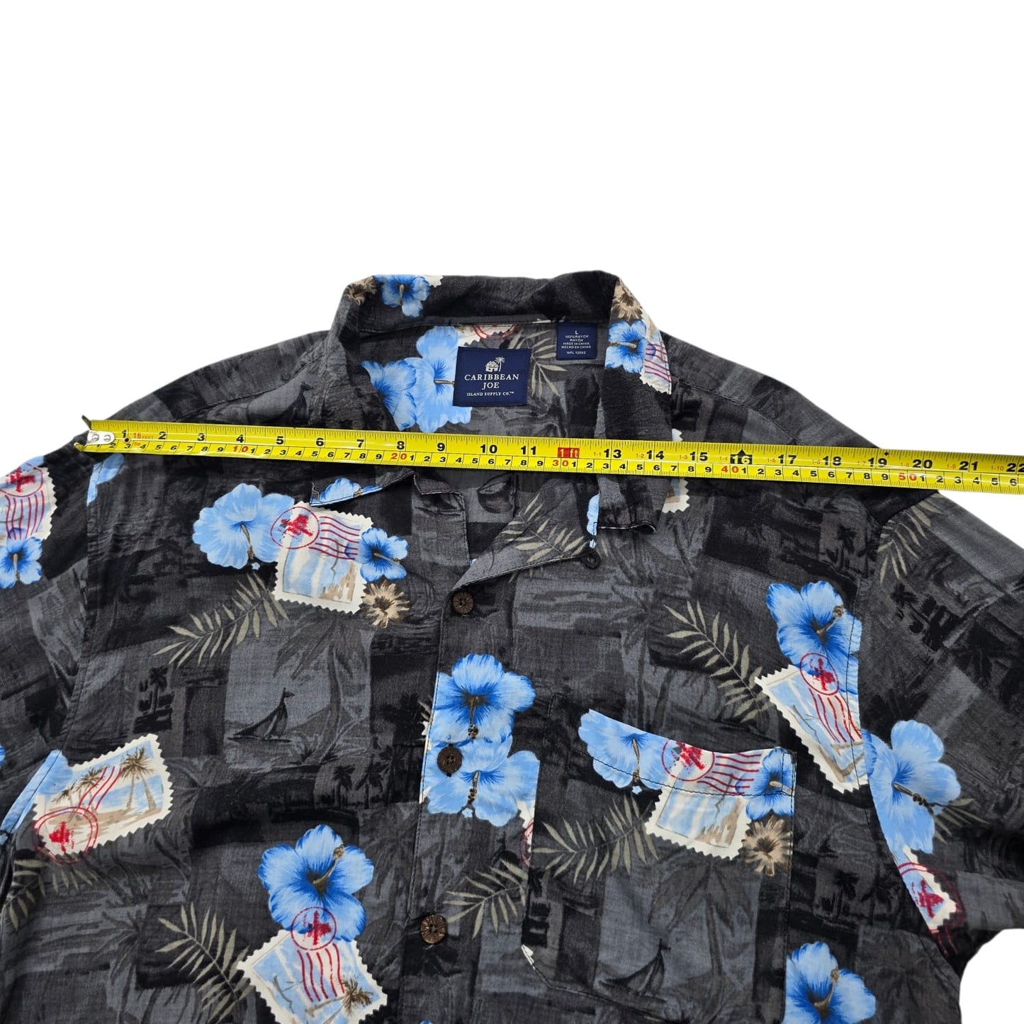 Caribbean Joe Men's Black Floral Hawaiian Shirt Size L