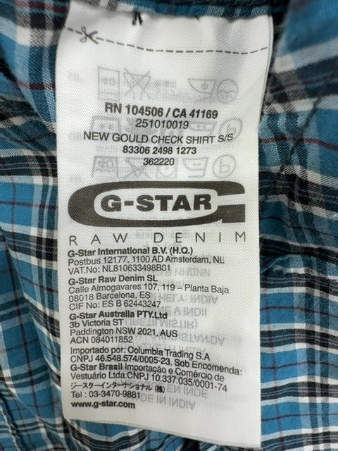 G-Star Women's Blue Check Short Sleeve Slim Shirt L Cotton Pockets