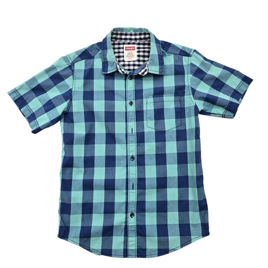 Wrangler Boys Gingham Check Short Sleeve Button-Up Shirt L Turquoise