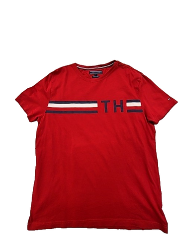 Tommy Hilfiger Men's Red Striped Organic Cotton T-Shirt L Crewneck