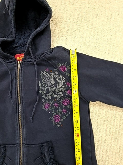 Hard Rock Cafe Unisex Navy Floral Skull Zipper Hoodie XL Cotton