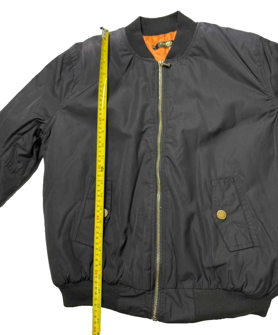 Classic Black Bomber Jacket Orange Lining Full Zip Pockets - Size M