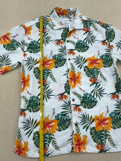 Pull&Bear Men's White Hawaiian Floral Short Sleeve Button-Up Shirt S