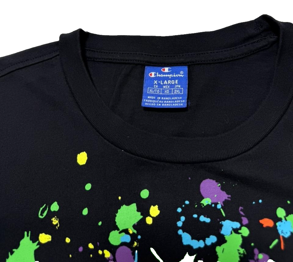 Champion Men's Black T-Shirt Short Sleeve Paint Splatter Logo Tee Casual Top