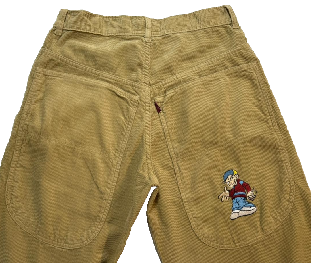 Arnold Lobel Cartoon Embroidered Wide Leg Corduroy Pants | High Rise Unisex Streetwear Pants| Size 38