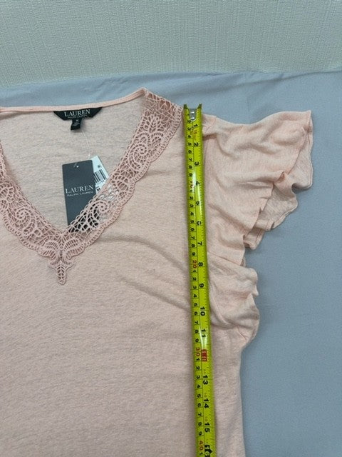 Lauren Ralph Lauren Women's Pale Pink Ruffle Lace V-Neck Short Sleeve Top M