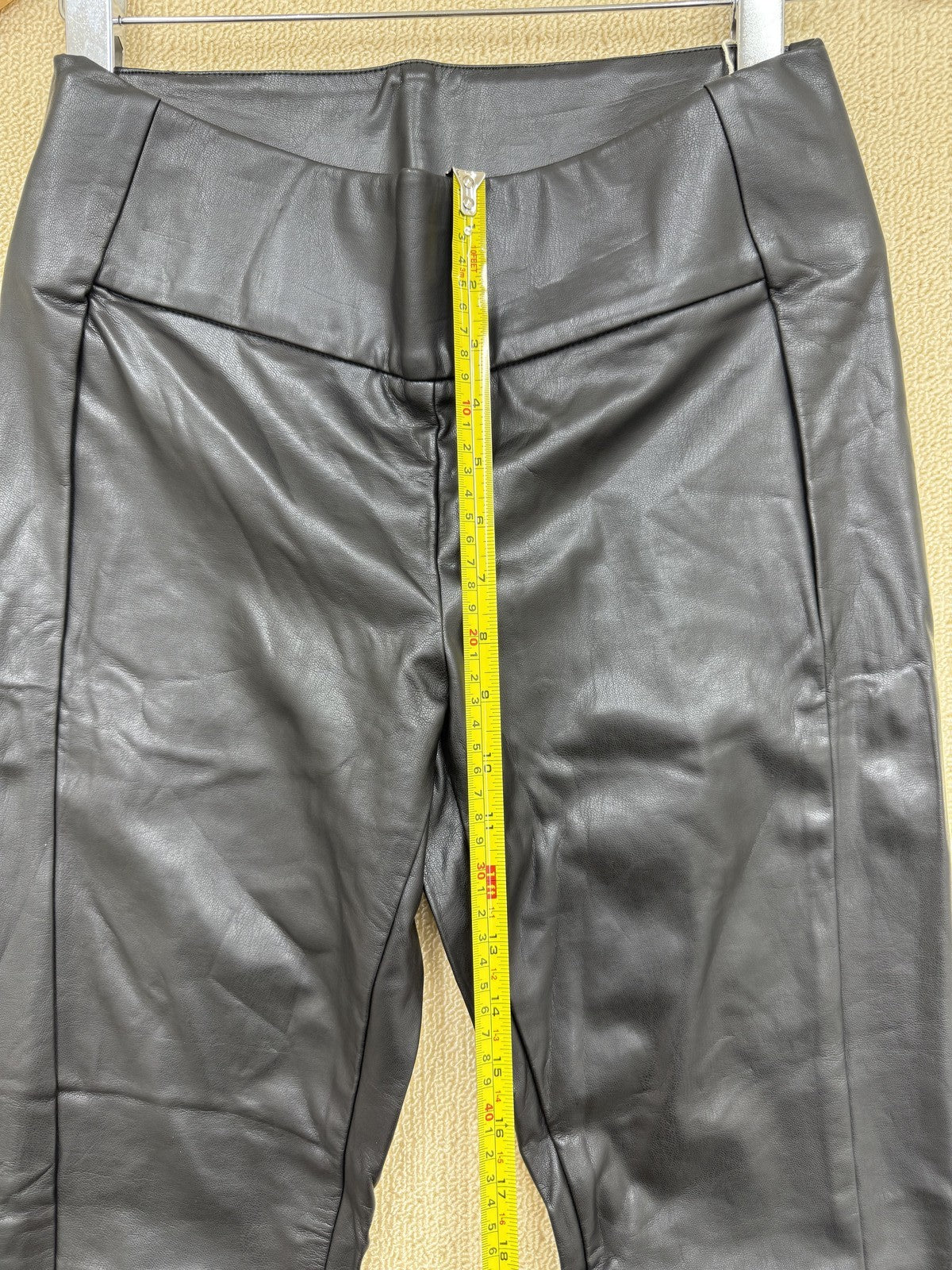 Esprit Black Faux Leather Straight Leg Leggings Women Casual Pockets Regular