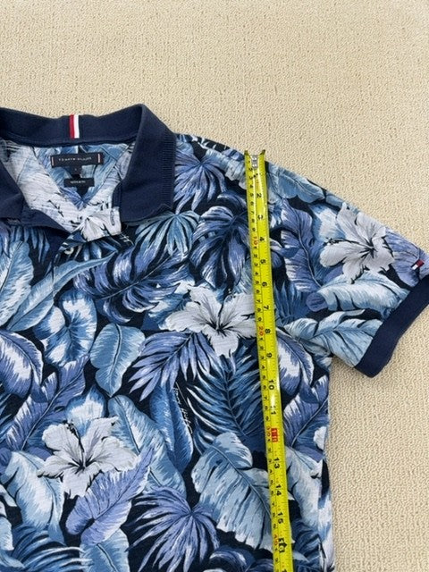 Tommy Hilfiger Men's Blue Palm Leaf Polo L Short Sleeve Cotton