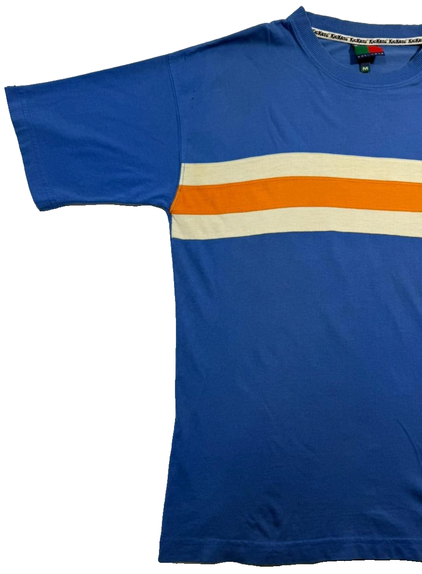 Blue Kickers T-Shirt With Orange And Cream Horizontal Stripes - Size M