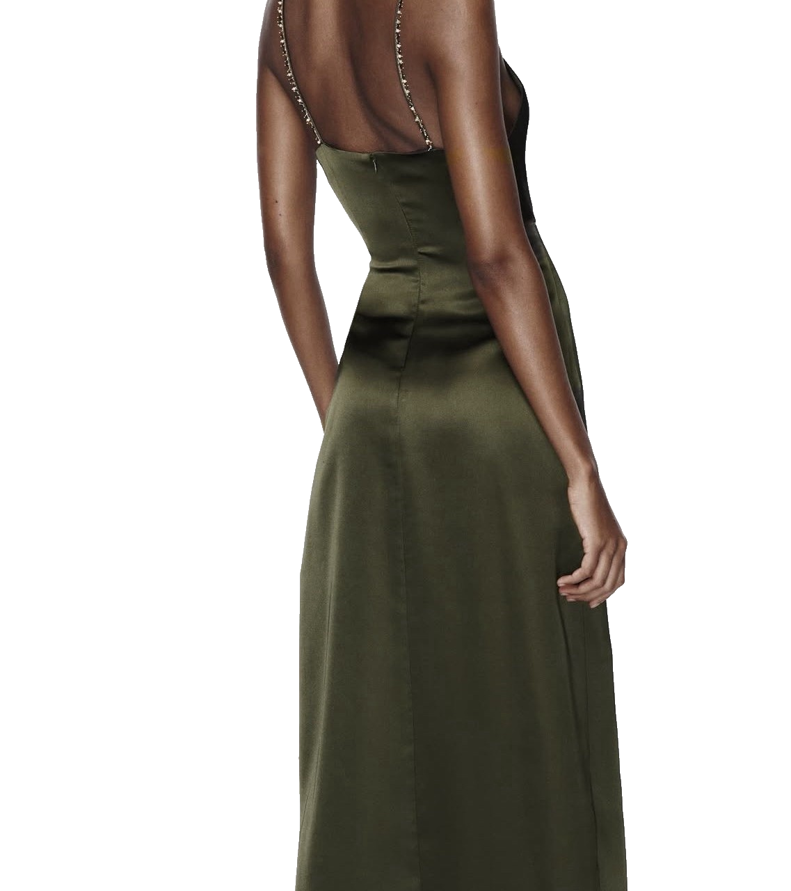 Zara Women's Satin Effect Beaded Slip Midi Dress Small Green Khaki Nwot