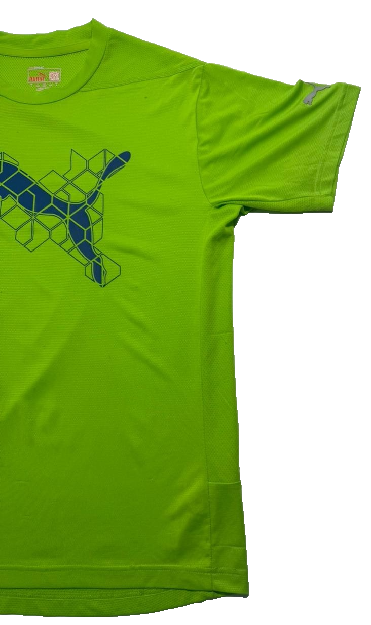 Puma Neon Green Performance T-Shirt With A Blue Graphic Log - Size S