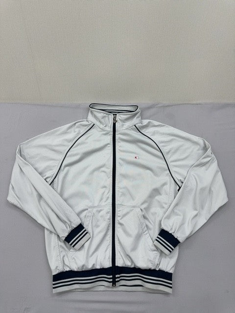 Champion Men's White Satin Track Jacket S Vintage Zip Navy Piping