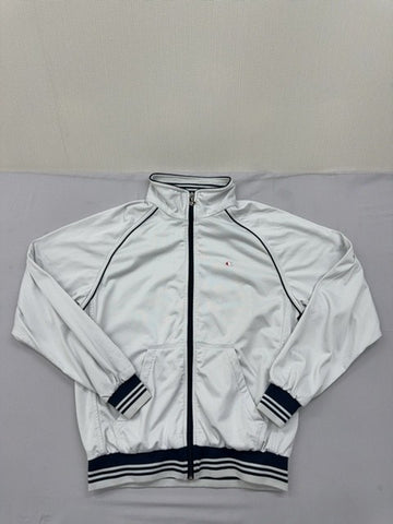 Champion Men's White Satin Track Jacket S Vintage Zip Navy Piping