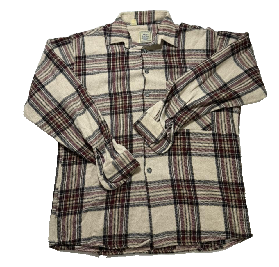 Marc Gibaldi Plaid Flannel Shirt Beige Red Check Long Sleeve Men's Casual Top XL