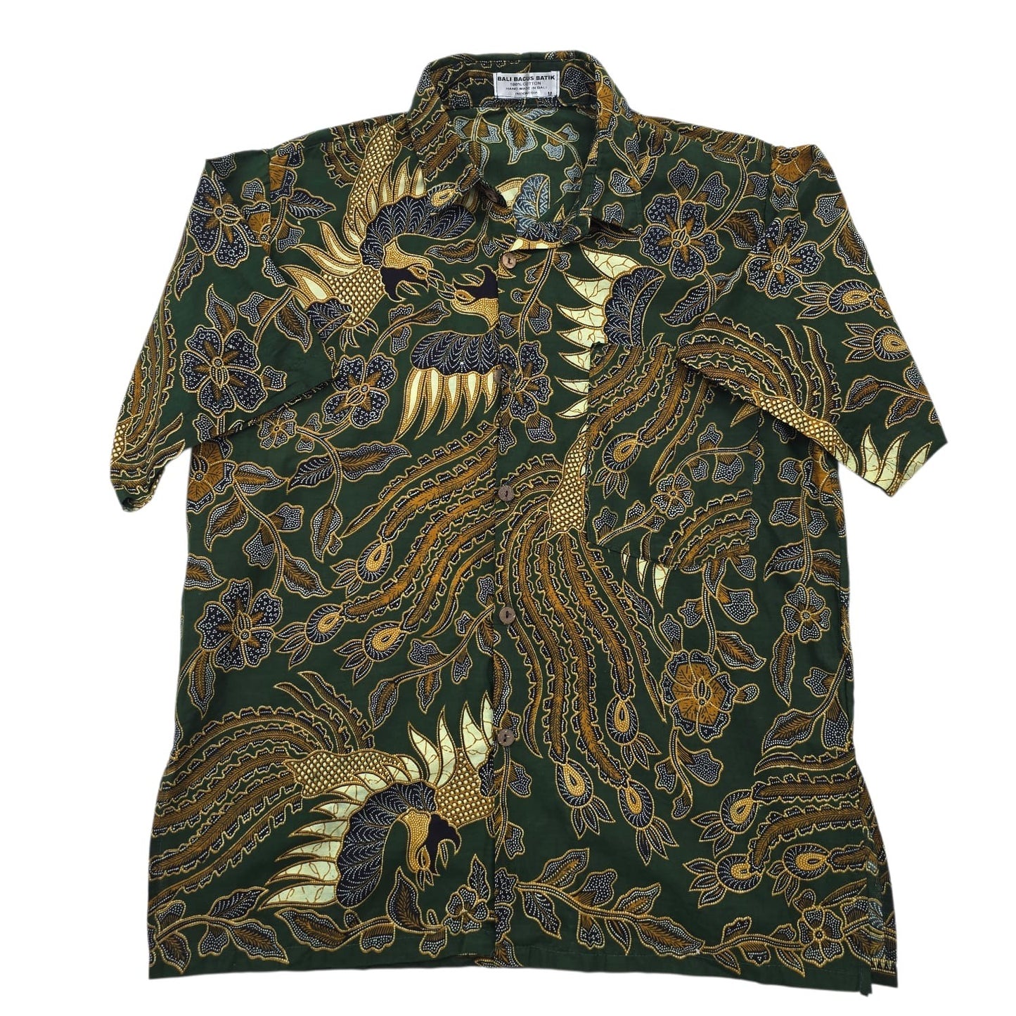 Bali Bagus Batik Men's Shirt M Short Sleeve Handmade Cotton Dark Green