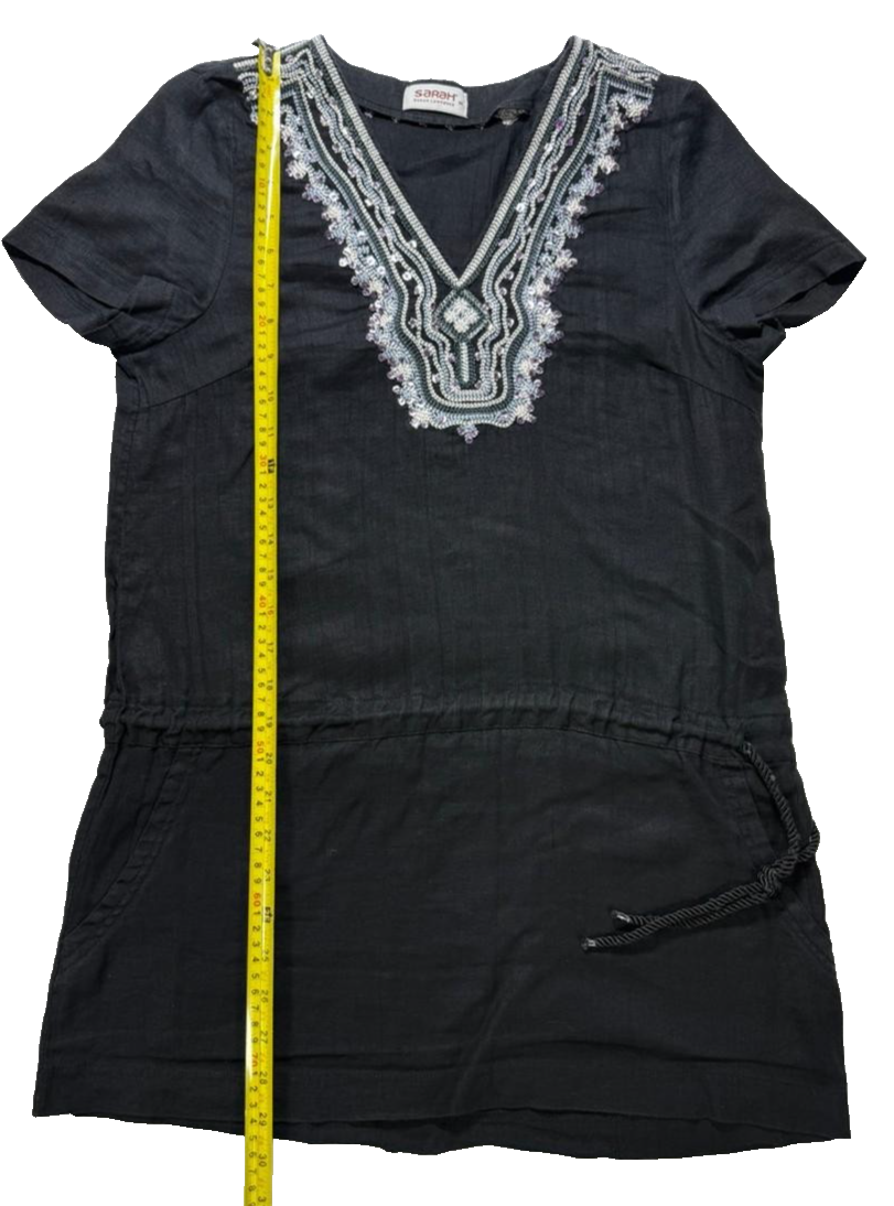 Sahah Black Beaded V-Neck Tunic Dress Short Sleeve Drawstring Waist - Size M