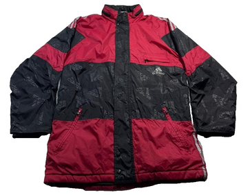 Vintage 90S Adidas Puffer Jacket Parka Coat Red Black All-Over Logo Print Size M