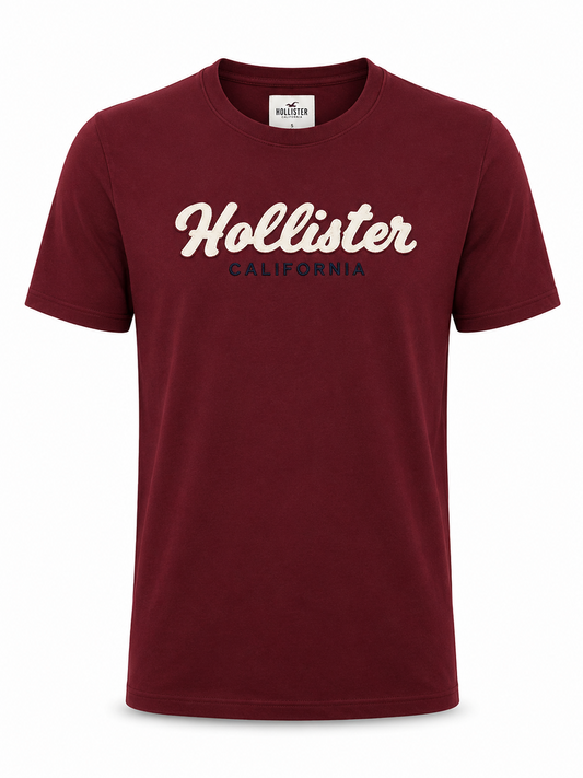 Hollister Men Burgundy Logo Cotton T-Shirt Size S Regular Crew Neck