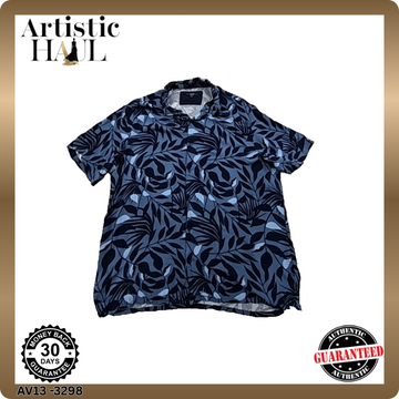 Kiabi Men's Navy Button-Down Shirt XXL Short Sleeve Leaf Pattern