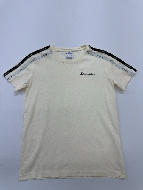 Champion Men Cream Striped Trim Logo T-Shirt Size M Condition Descriptor