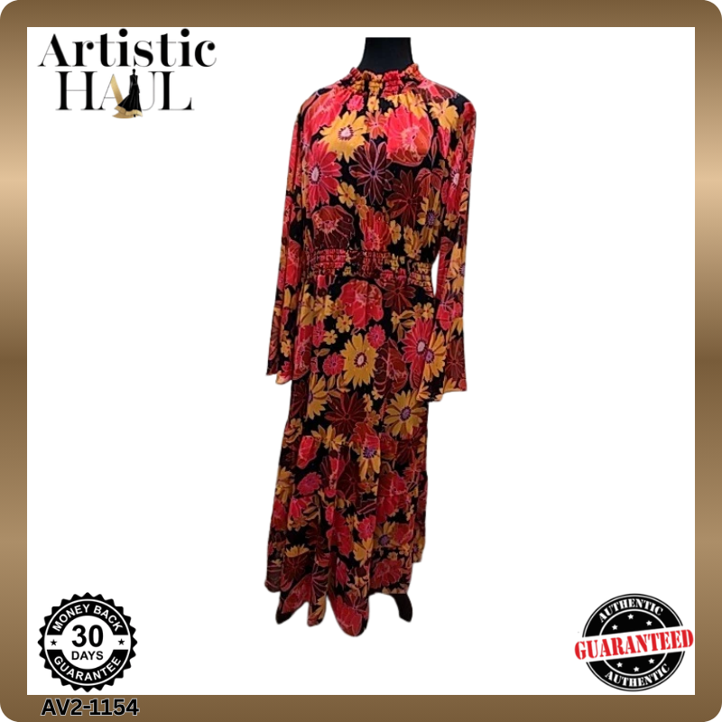 Donna Morgan Floral Maxi Dress L Multi Long Bell Sleeve High Neck