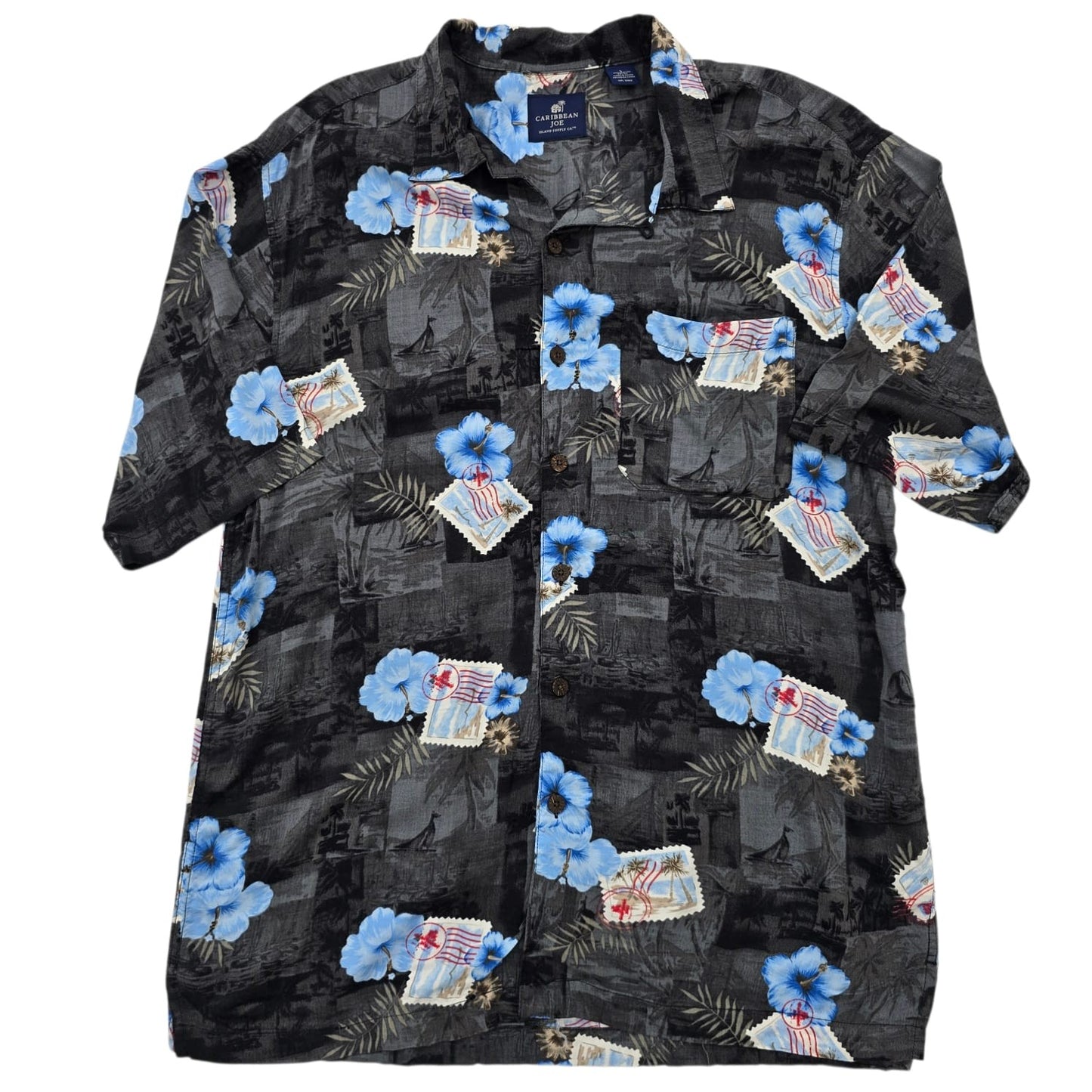 Caribbean Joe Men's Black Floral Hawaiian Shirt Size L