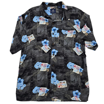 Caribbean Joe Men's Black Floral Hawaiian Shirt Size L