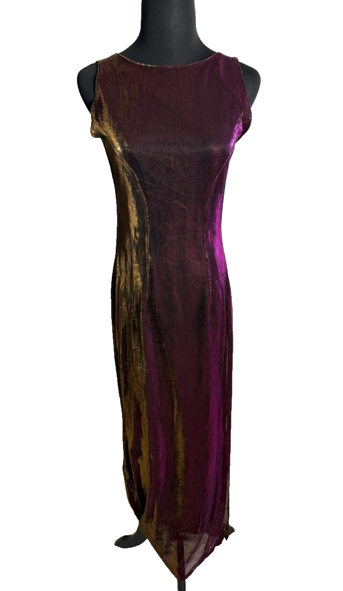 Vintage Metallic Sheer Sleeveless Dress Burgundy Gold Purple Shimmer Overlay