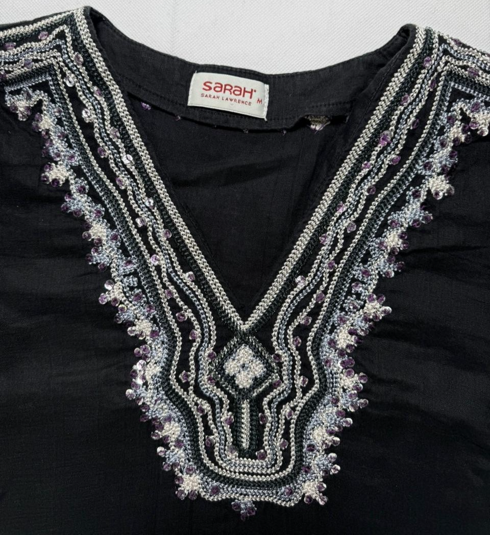 Sahah Black Beaded V-Neck Tunic Dress Short Sleeve Drawstring Waist - Size M