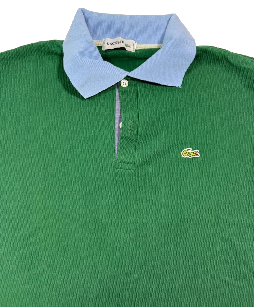Lacoste Green Cotton Polo Shirt, Men's L, Light Blue Collar, Short Sleeve