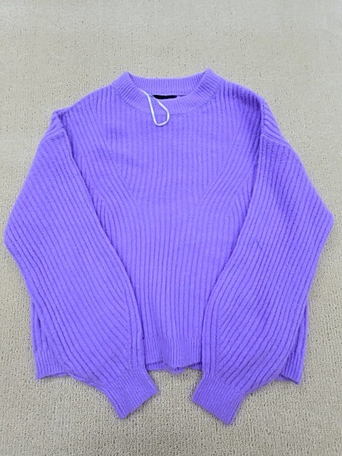 Pieces XS Women's Purple Ribbed Knit Crew Balloon Sleeve Sweater