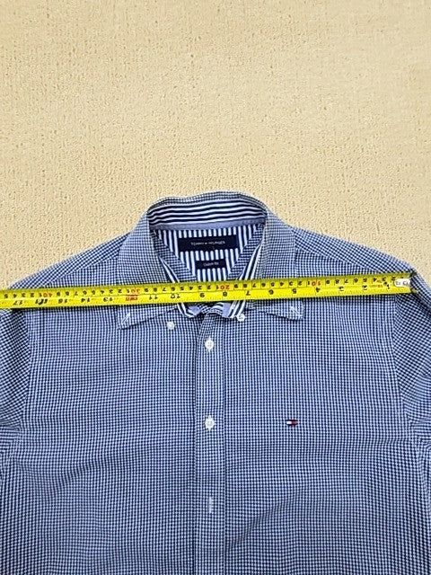 Tommy Hilfiger Men's Blue Gingham Long Sleeve Cotton Shirt Custom Fit Logo