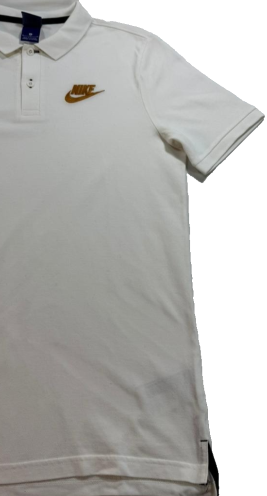 Nike Men's White V-Neck Polo Shirt With Gold Embroidered Logo Size M