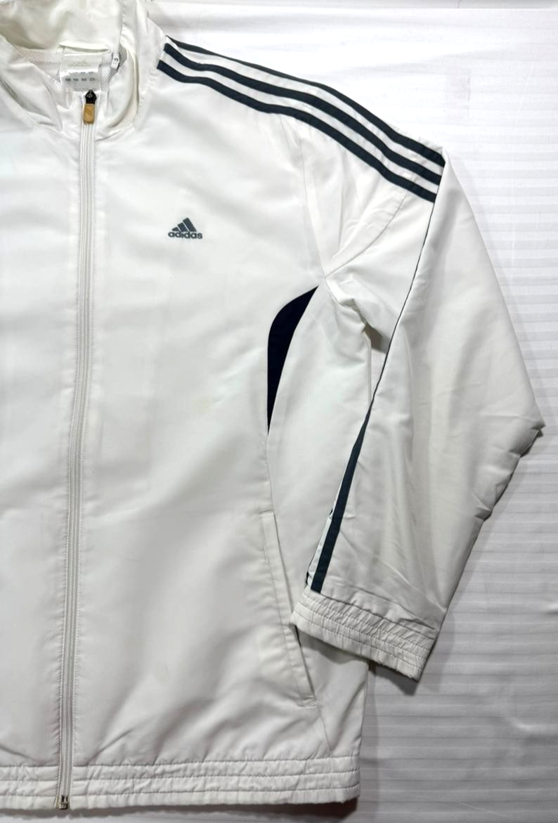 Vintage Adidas Full-Zip Windbreaker Jacket In White With Black Stripes - Size M