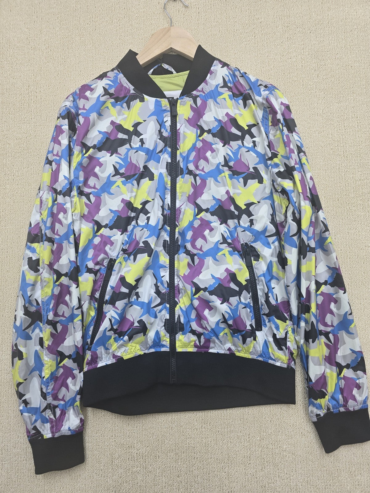 Trussardi Jeans Shark Print Bomber Jacket Men Sz 52 Multicolor