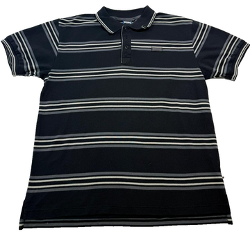 Lonsdale Men's Black Striped Pique Polo Shirt Rubber Chest Logo Size L