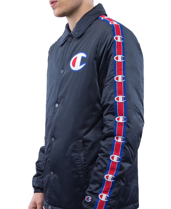 Champion Men's Navy Coach Jacket Logo Tape Sleeves Quilted Lining Size M