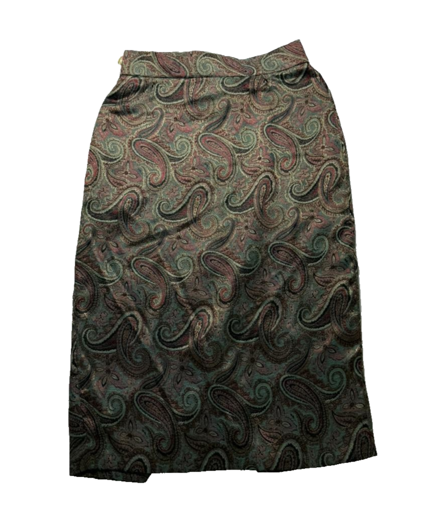 Vintage Paisley Printed Set Top And Skirt Green Brown Retro Women's Size 12