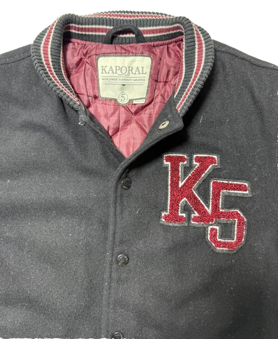 Kaporal K5 Varsity Bomber Jacket Black Men's Size 14 Patch Logo Puff Sleeves