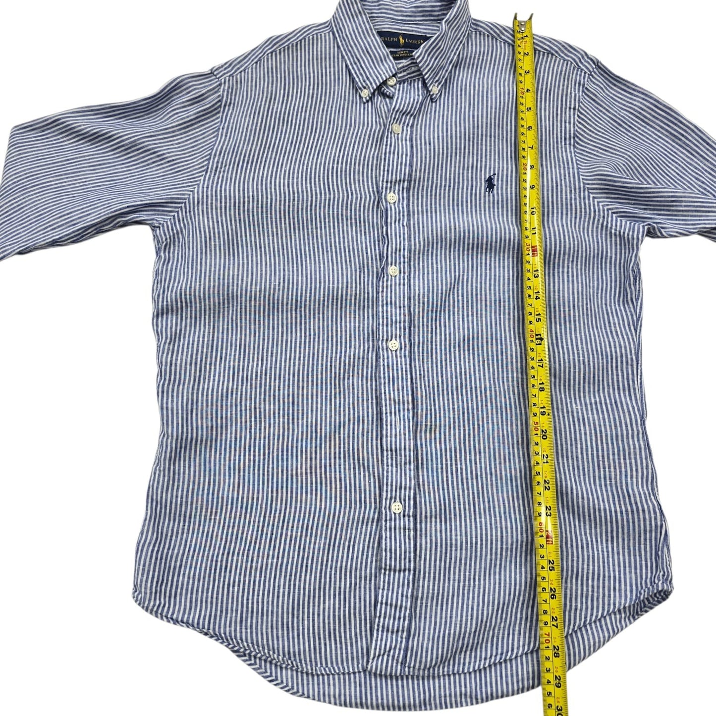 RALPH LAUREN Men's Blue White Striped Linen Shirt L Slim Fit