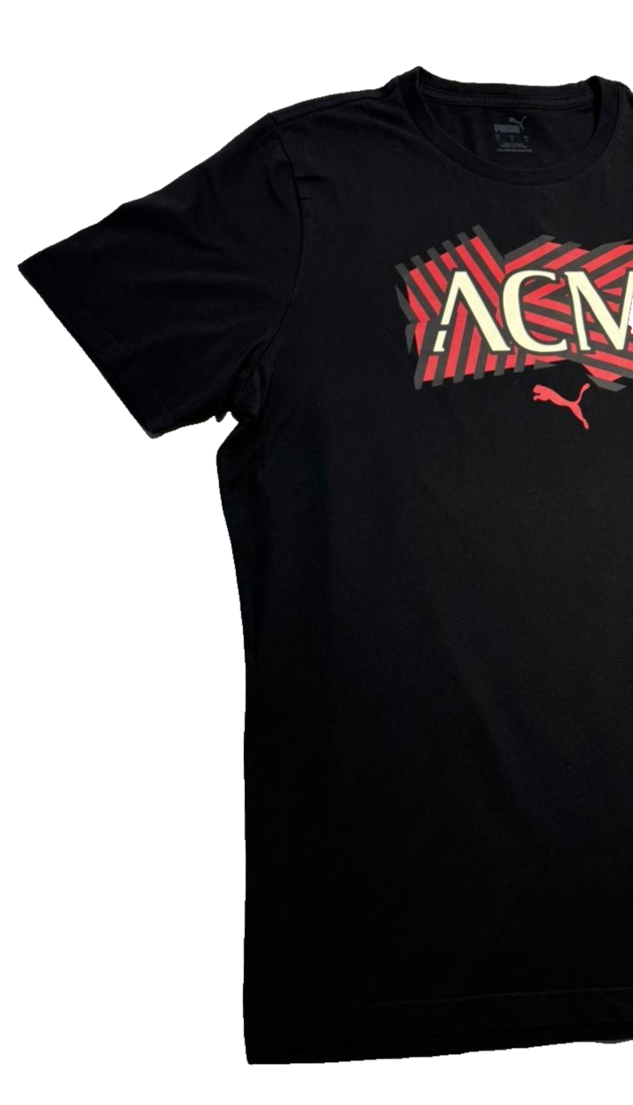 Puma Men's Black Ac Milan Acm Graphic T-Shirt Red Cat Logo Short Sleeve Size L